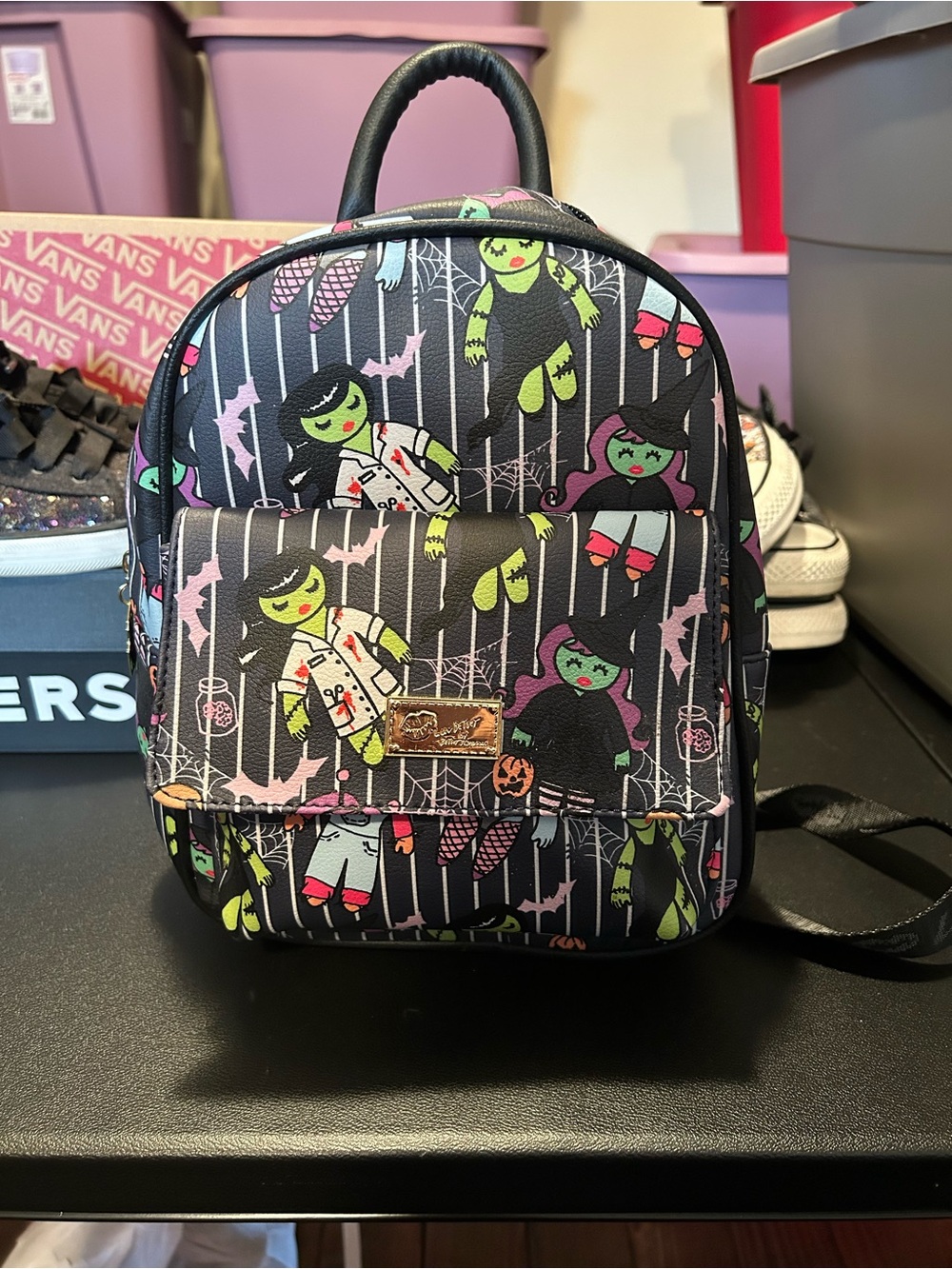 Betsey Johnson Black Mini Backpack with Neon Green & Pink Monster Print